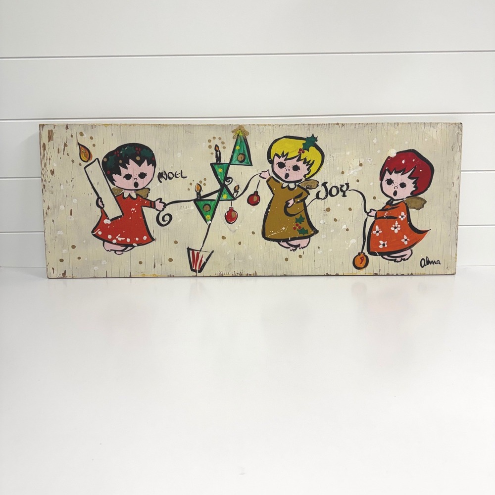 Large Vintage Hand Painted Christmas Art Angel Wood Sign Noel Joy MCM Signed